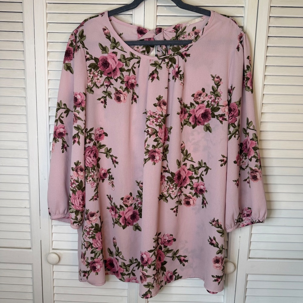 ODDI Womens 2XL Pink‎ Floral Rose 3/4 Sleeve Tie Back Pleated Blouse Feminine